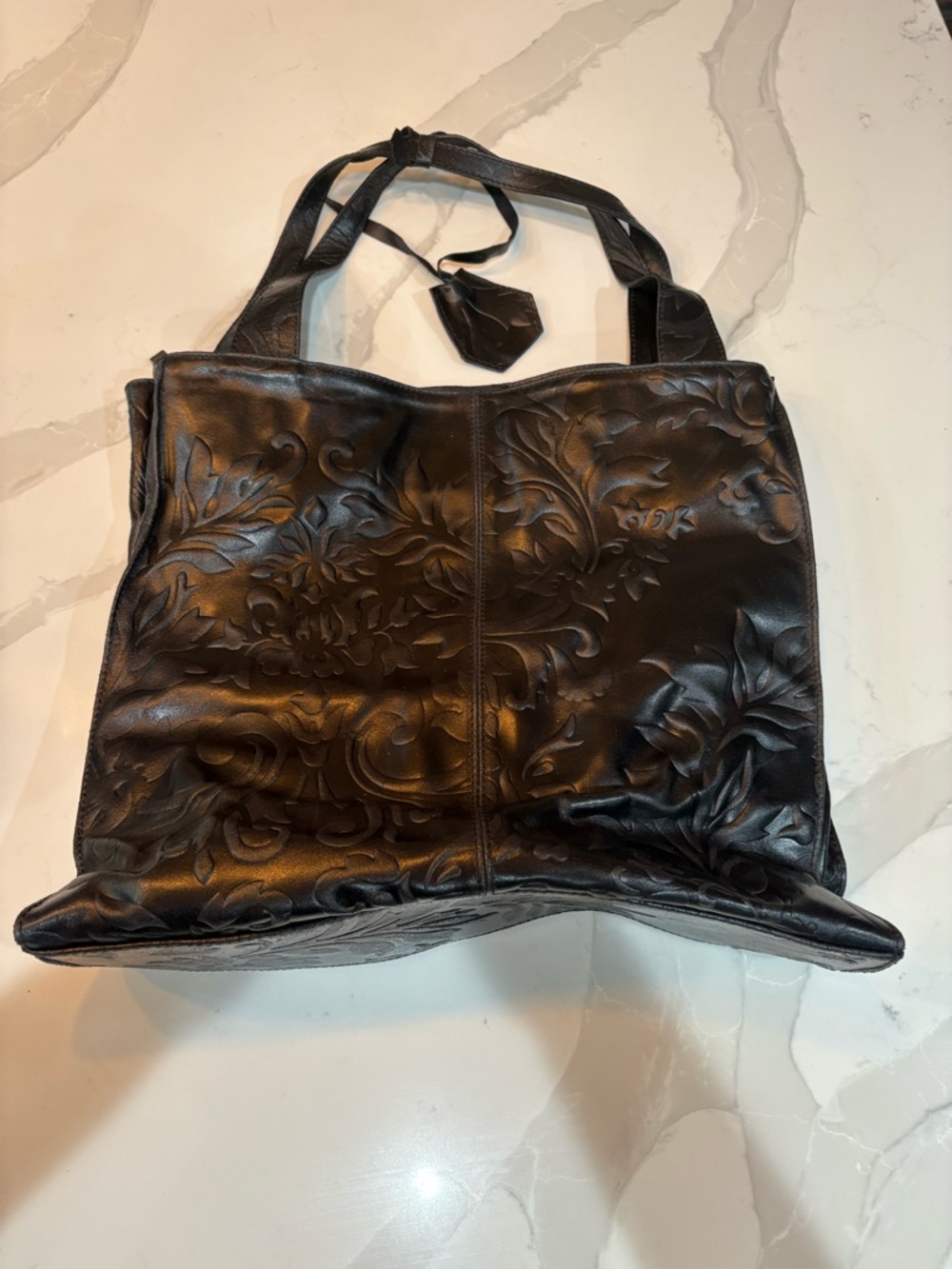 Vera Pelle Black Embossed Leather Floral Tote Italy